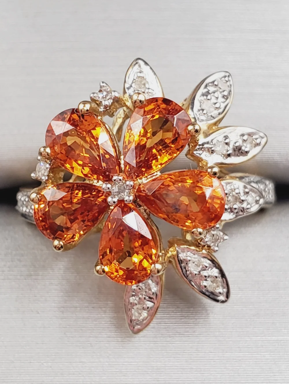 10k Solid Yellow Gold Genuine Spessartite Mandarin Garnet & Diamond Flower Ring
